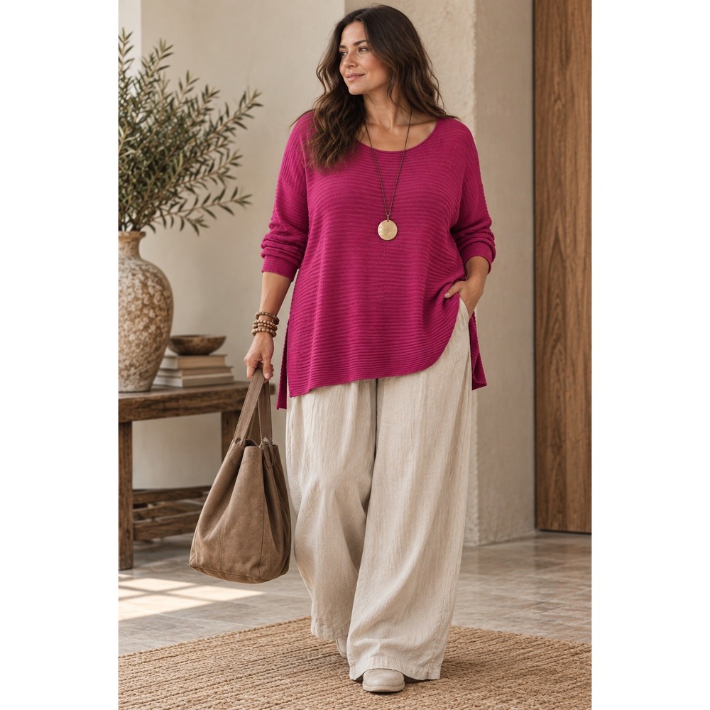Eileen Fisher Organic Linen Cotton Magenta Textured Tunic Sweater Lagenlook XL